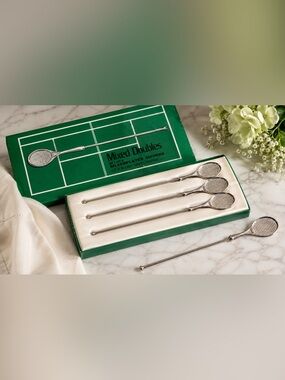 NIB Vintage FB Rogers Silverplated Tennis Racket Drink Stirrers Sippers Box